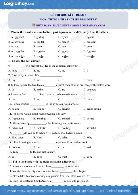 Đề thi học kì 2 Tiếng Anh 6 English Discovery - Đề số 8